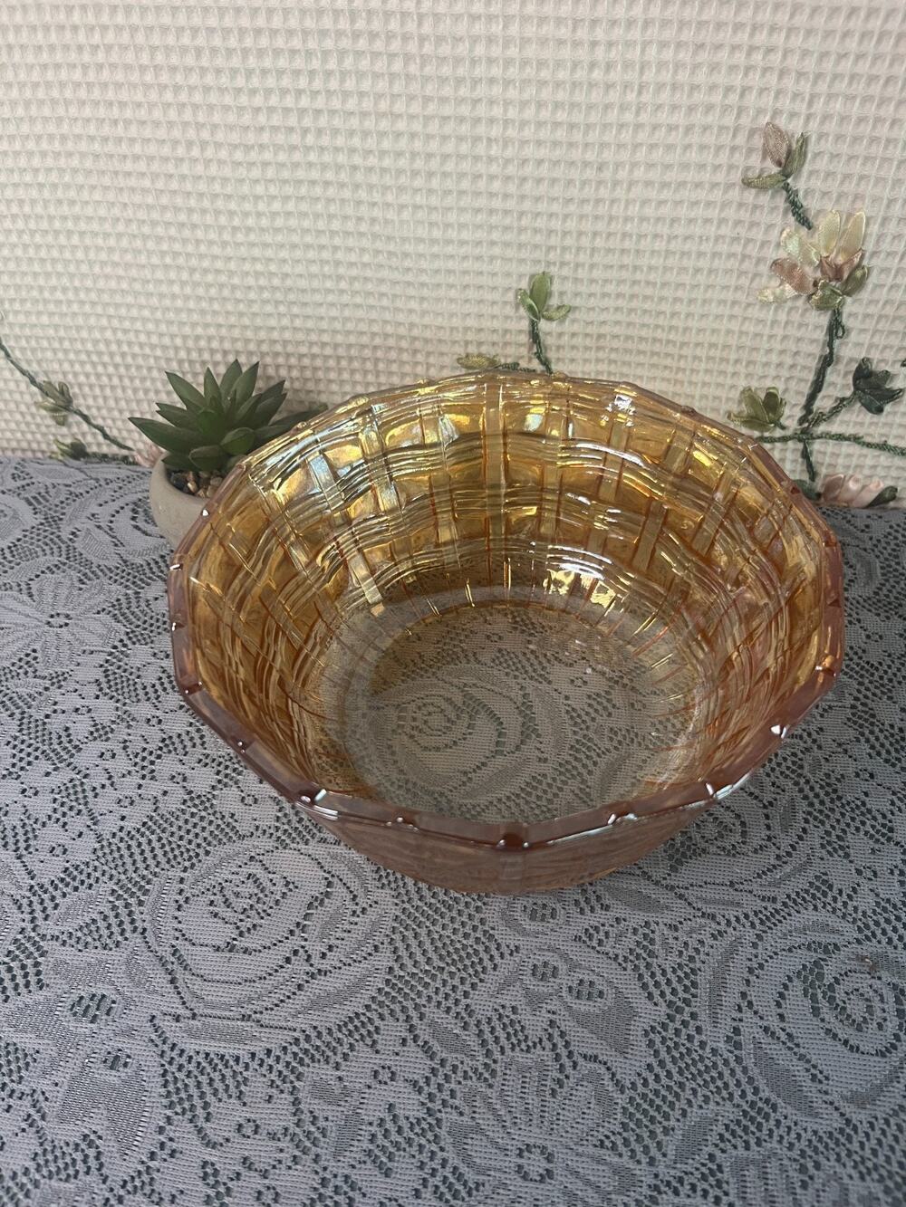 Vintage Amber Glass Basket Weave Bowl 7 in Scalloped Lattice Pressed Glass